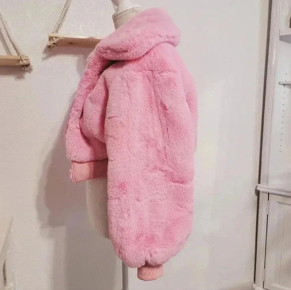 Faux Fur Cropped Bomber Jacket Pink Fluffy Coat Warm Winter Outerwear - Picture 5 of 9